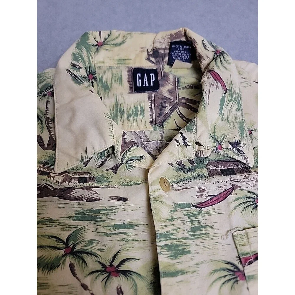 Vintage GAP‎ Hawaiian Shirt Mens L Brown Tiki Hut Native Cotton Pocket Dad Camp